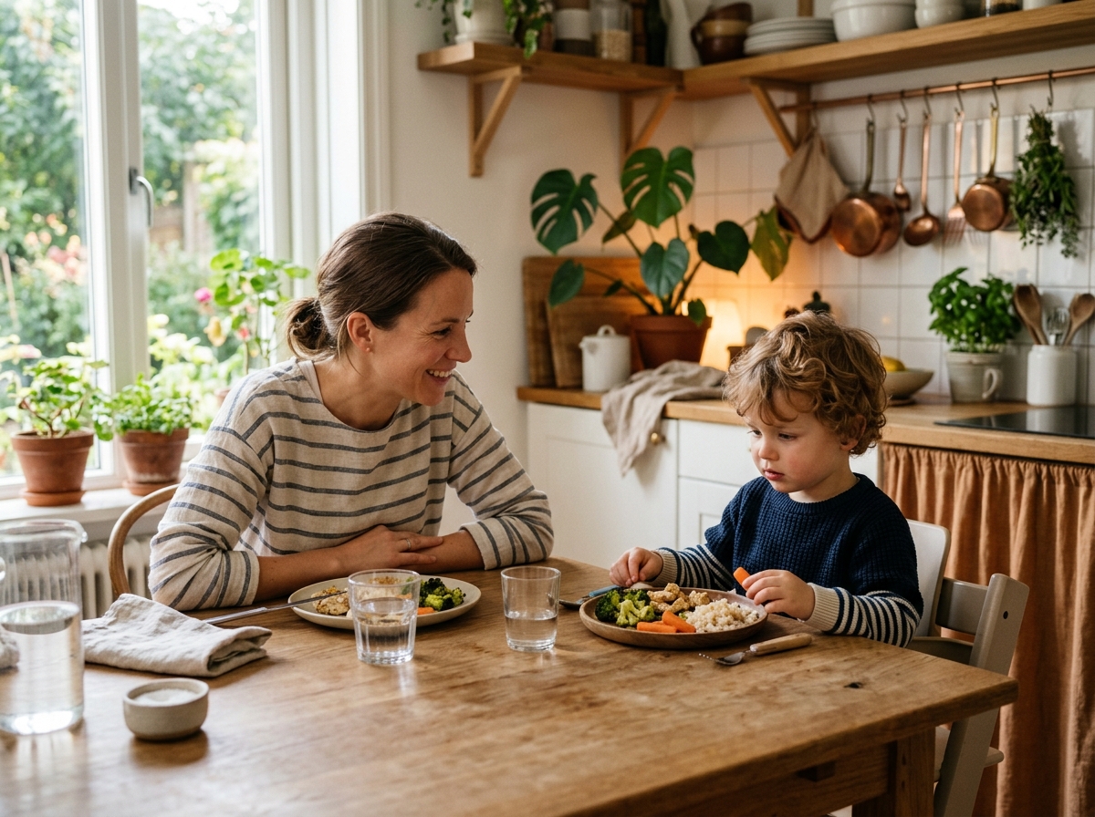 A parent and young child sitting together at a sunny kitchen table during a meal